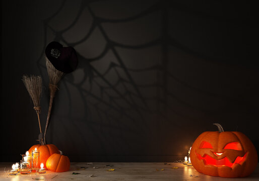 halloween decoration at space with jack-o-lantern,pumpkins,candle,candy,empty ,broom,black bird,maple leave and witch hat on wooden floor with spider wire shadow 3d render.