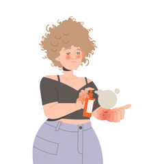 Woman Character Suffering from Neurodermatitis Spraying Skin with Red Spots on Her Arm Vector Illustration