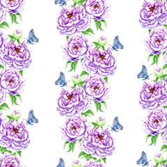 Seamless spring pattern with purple peony flower. Vintage wallpaper with flowers iand butterflies..