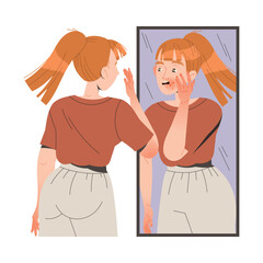 Woman Character Suffering from Neurodermatitis Looking in the Mirror Having Her Face Skin Covered with Red Spots Vector Illustration