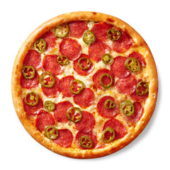 Spicy pizza with pepperoni, tomato sauce, mozzarella and jalapeno isolated on white
