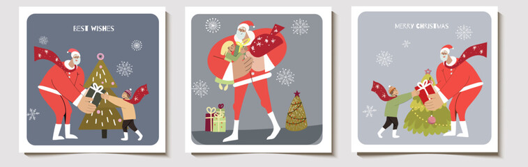 Christmas vector gift card or tag set with Santa giving gifts to kids, with Christmas tree, gift boxes, merry christmas lettering, best wishes.