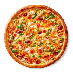 Top view of Mexican style pizza with chicken sous vide, colorful vegetable mixture, spicy sauce and mozzarella on white