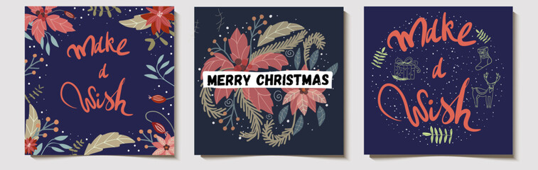 Christmas vector gift set of cards or tags with inscriptions Merry Christmas, Make a wish, happy holidays with poinsettia, leaves, doodles. Hand drawn design elements.