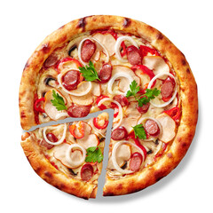 Sliced pizza with Viennese sausages crust stuffed and filling of smoked chicken, hunting sausages, mushrooms, bell peppers, onions