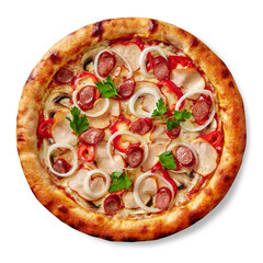Pizza with mozzarella cheese, smoked chicken, hunting sausages, mushrooms, bell peppers, onions and greens isolated on white