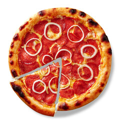 Sliced pepperoni pizza with tomato sauce, mozzarella, onion and dough edge filled with cream cheese on white
