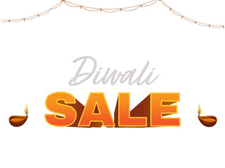 Diwali Sale Poster Design With Illuminated Oil Lamps (Diya), Lighting Garland Decorated Background.