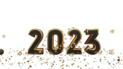 3D 2023 Number Decorated From Lighting Garland With Curl Ribbons And Tiny Balls On White Background.
