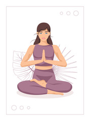 Yoga young woman, card concept. Beautiful girl in a suit doing yoga. Healthy lifestyle. Poster. Template. Vector illustration in a flat style.