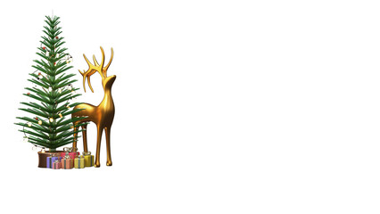 3D Golden Reindeer Statue With Decorative Xmas Tree, Gift Boxes And Copy Space.