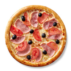 Top view of pizza with mozzarella, ham, tomatoes and olives isolated on white background