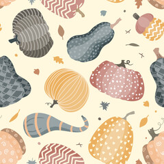 Cute doodle pumpkins seamless pattern. Halloween or Thanksgiving day background. Vector illustration.