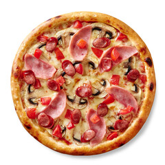 Pizza with melted mozzarella, ham, hunting sausages, mushrooms and tomatoes on white background