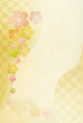年賀状　和柄背景　市松模様と梅の花の年賀状背景　ゴールド