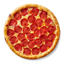 Spicy pepperoni pizza with sausage, tomato sauce and mozzarella cheese isolated on white