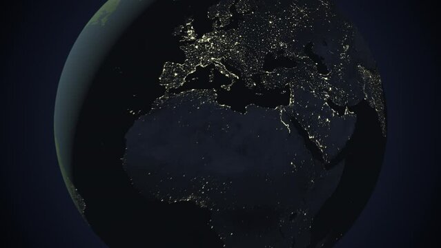 Seamless looping animation of the earth at night zooming in to the 3d map of Belarus with the capital and the biggest cites in 4K resolution