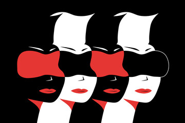 Flat design illustration of human profiles with virtual reality headset device. Three colored red, black and white set of people. VR and cyberspace.