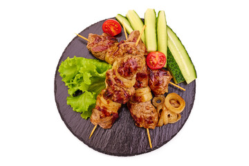 Roasted Shish kebab. Skewers with pieces of grilled barbecue, isolated on white background.