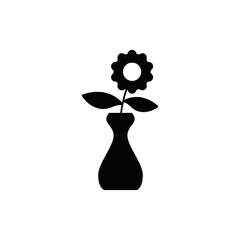 flower plant on pot vase icon in black flat glyph, filled style isolated on white background