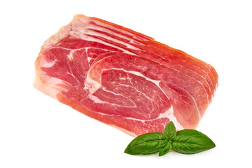 Spanish jamon iberico, serrano ham, isolated on white background. High resolution image.