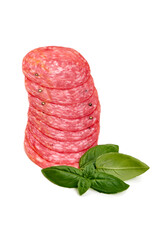 Salami smoked sausage, isolated on white background.