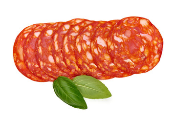 Spanish chorizo salami sausage, isolated on white background. - obrazy, fototapety, plakaty