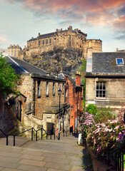 Beautiful view of Edinburgh Castle from Vennel in Edinburgh,Scotland - obrazy, fototapety, plakaty