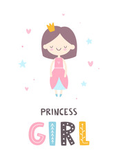 Cute princess baby girl. Poster for girls room. Vector girly print for apparel and wall art.