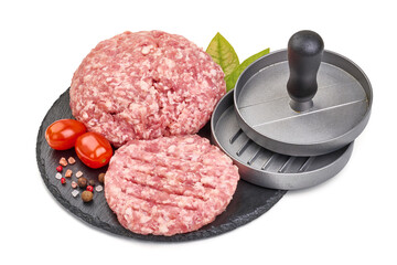 Burger patties, ready to fry, burger cutlets, isolated on white background. High resolution image.