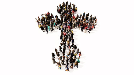 Concept or conceptual large community  of people forming the image of a religious christian cross. A 3d illustration metaphor for God, Christ, religion, spirituality, prayer, Jesus or belief