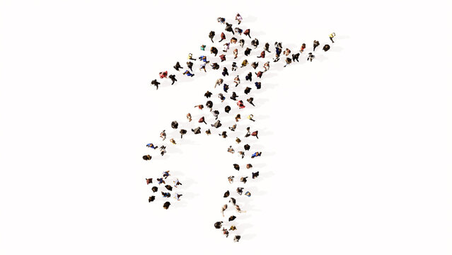 Concept conceptual large community of people forming the sign of a football player. 3d illustration metaphor for sport, competition, training,  relaxation, family and fun