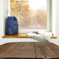 Desk of free space and autumn window. 