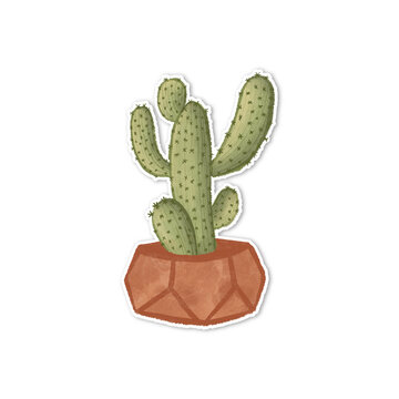 Illustration cactus watercolor sticker cool and trendy, Cactus sticker in pot