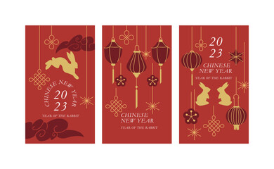 Vector set of backgrounds or cards for Chinese new year with illustration rabbits and paper lanterns and decoration.