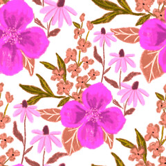 Creative seamless pattern with abstract flowers drawn with wax crayons. Bright colorful floral print.	