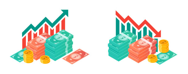Bahraini Dinar Value Up and Down with Money Bundle Illustrations