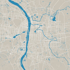 Changsha map. Detailed map of Changsha city administrative area. Cityscape panorama illustration. Road map with highways, streets, rivers.