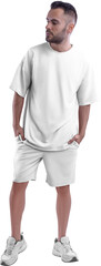 Oversize white t-shirt mockup, shorts, png, on a guy in sneakers, isolated on background, front.