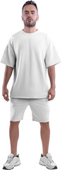 Oversize white t-shirt mockup, shorts, png, on a guy in sneakers, isolated on background, front.