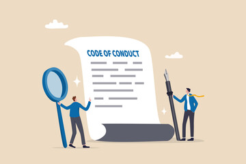 Code of conduct, ethical policy or rules, regulation or principles guideline for work responsibility, compliance document or company standard concept, businessman writing code of conduct document. - obrazy, fototapety, plakaty