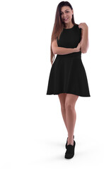 Mockup of a black wave dress on a girl, png, front view, isolated on background.