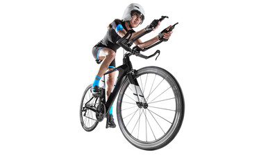 Fototapeta na wymiar Athlete cyclists in silhouettes on transparent background.