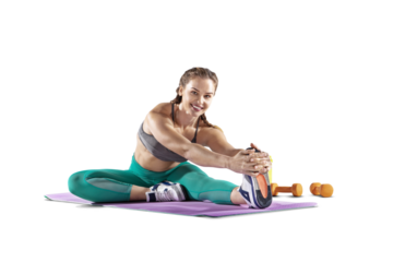 Beautiful woman at the gym doing fitness exercises. Sports transparent background. 	