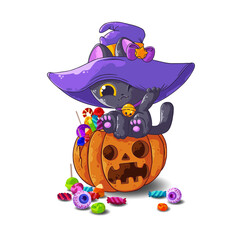 A cute cartoon kitten in a witch hat with candies sits on a pumpkin. Halloween vector illustration isolated on white background. Suitable for postcards, t-shirts, mugs, and more.