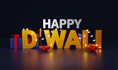 3D Happy Diwali Text Decorated With Lighting Garland, Gift Boxes, Fireworks Rocket And Illuminated Oil Lamps (Diya) On Dark Blue Background.