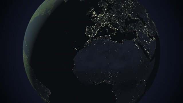 Seamless looping animation of the earth at night zooming in to the 3d map of Belgium with the capital and the biggest cites in 4K resolution