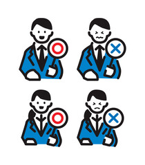 マルバツ札をあげる男女のシンプルなイラストセット