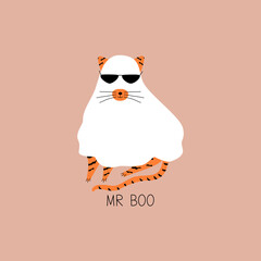 Funny ginger ghost cat in black sunglasses hand drawn vector illustration. Isolated spooky feline character for kids. 