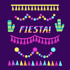 Fiesta lettering. Cactus party decoration set. Tassels pom poms borders. Vector illustration